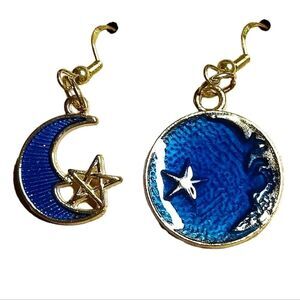 Celestial Moon and Stars Gold Dangle Earrings
